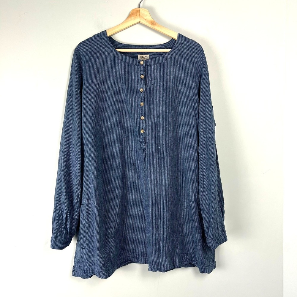 Duluth Trading Co Hemp Cotton Pinstripe Tunic Top 2XL Pockets Roll up Sleeves